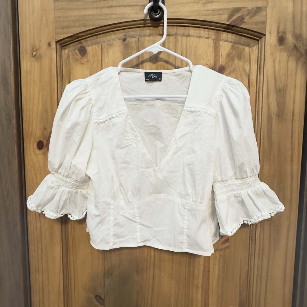 Milk & Honey White Puff Sleeve Top XL Smocked Waist Boho Cottagecore Blouse XL